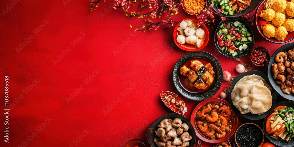 Fototapeta premium Colorful assortment of traditional dishes on a vibrant red backdrop.