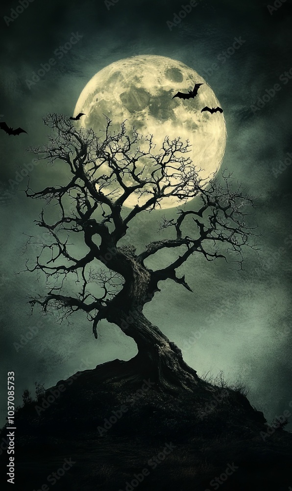 A bare tree silhouette under a full moon. A bare tree silhouette under a full moon.