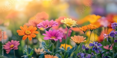 Colorful garden flowers in bloom with soft sunlight illuminating petals. photo