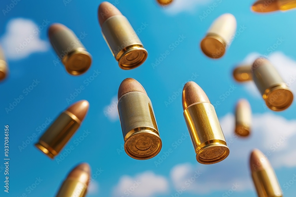 A dynamic scene featuring falling bullets against a blue sky, capturing the essence of action and tension. A dynamic scene featuring falling bullets against a blue sky, capturing the essence of action and tension.