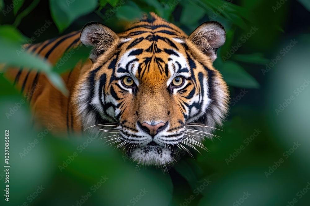 A majestic tiger peers through lush green foliage, showcasing its striking features and powerful presence in the wild. A majestic tiger peers through lush green foliage, showcasing its striking features and powerful presence in the wild.