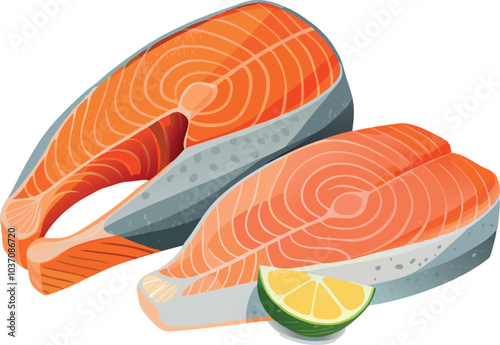 Two fresh salmon steaks lying on top of each other with parsley