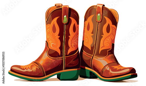 Pair of classic brown leather cowboy boots with ornament