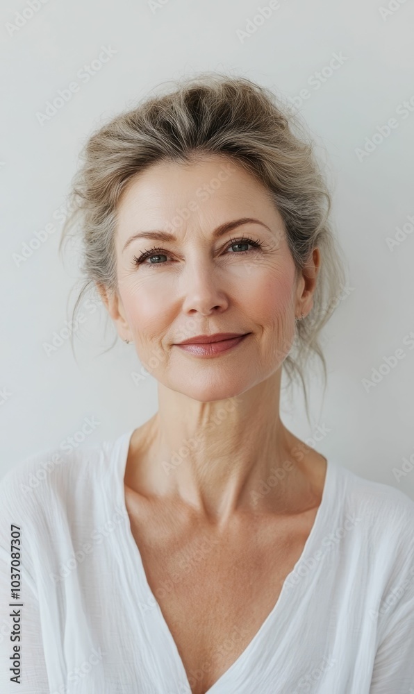 Smiling woman with gray hair in white top. Smiling woman with gray hair in white top.