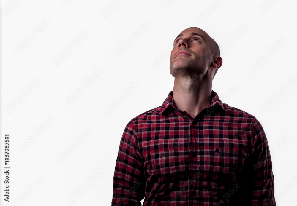 Man in a checkered shirt looking up, isolated on a white background. Man in a checkered shirt looking up, isolated on a white background.