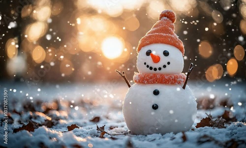 A snowman wearing an orange hat and scarf stands in the snow with a blurred background of fallen leaves and golden sunlight.