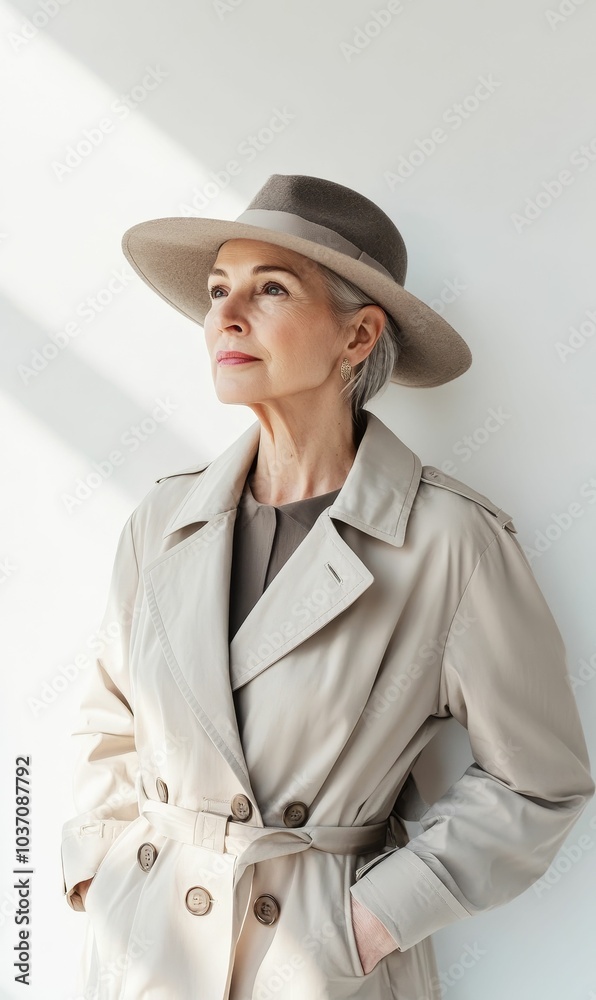 Elegant woman wearing a hat and trench coat. Elegant woman wearing a hat and trench coat.