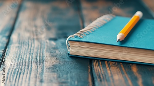 Close-Up of a Pencil and Notebook on a Rustic Wooden Desk