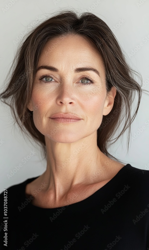 A woman with brown hair and gray streaks looks directly A woman with brown hair and gray streaks looks directly