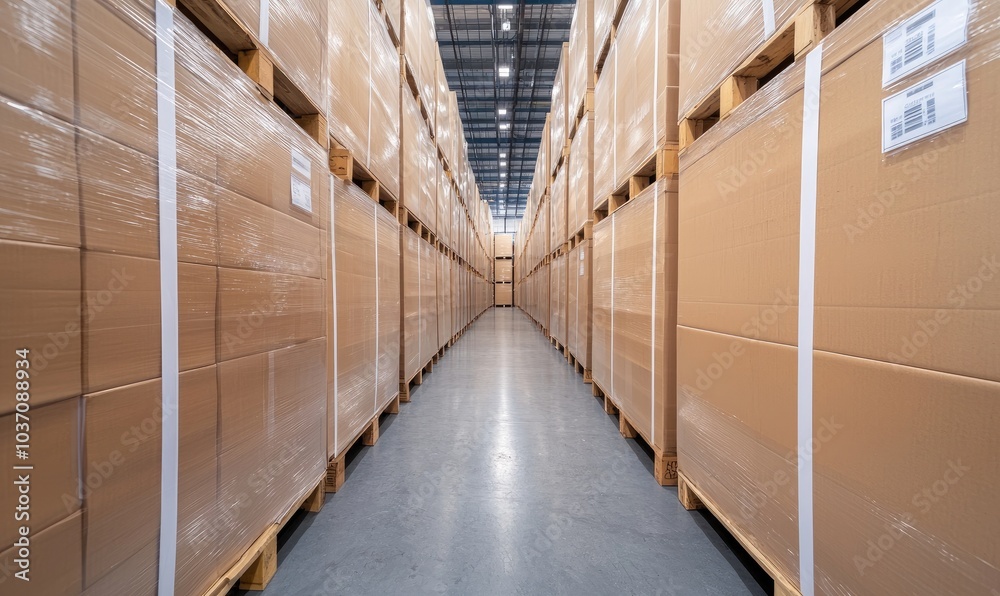 A wide view of a storage warehouse lined with neatly stacked cardboard boxes, showcasing organized logistics and inventory management. A wide view of a storage warehouse lined with neatly stacked cardboard boxes, showcasing organized logistics and inventory management.