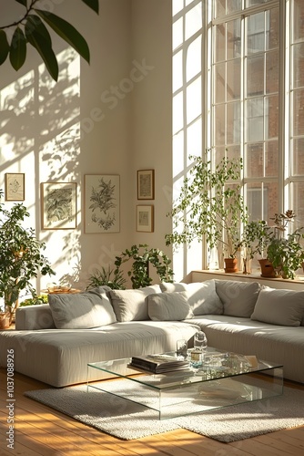 A bright and airy living room featuring a light gray sectional sofa, potted plants, and large windows that bathe the space in warm sunlight.