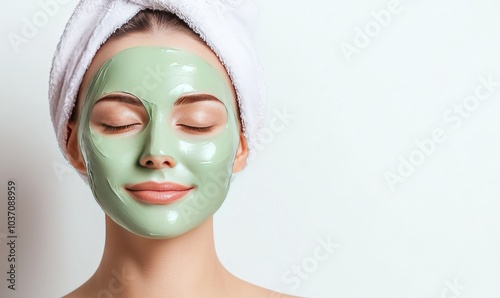 A woman relaxes with a green clay mask on her face, showcasing self-care and skincare routines in a serene environment.