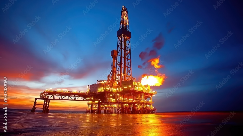 An offshore oil rig illuminated at sunset, with flames shooting upwards, showcasing industrial activity against a vibrant sky. An offshore oil rig illuminated at sunset, with flames shooting upwards, showcasing industrial activity against a vibrant sky.
