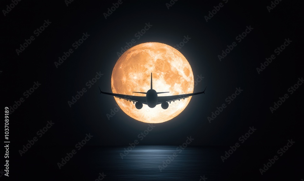 Airplane silhouette against a full moon, dark background. Airplane silhouette against a full moon, dark background.