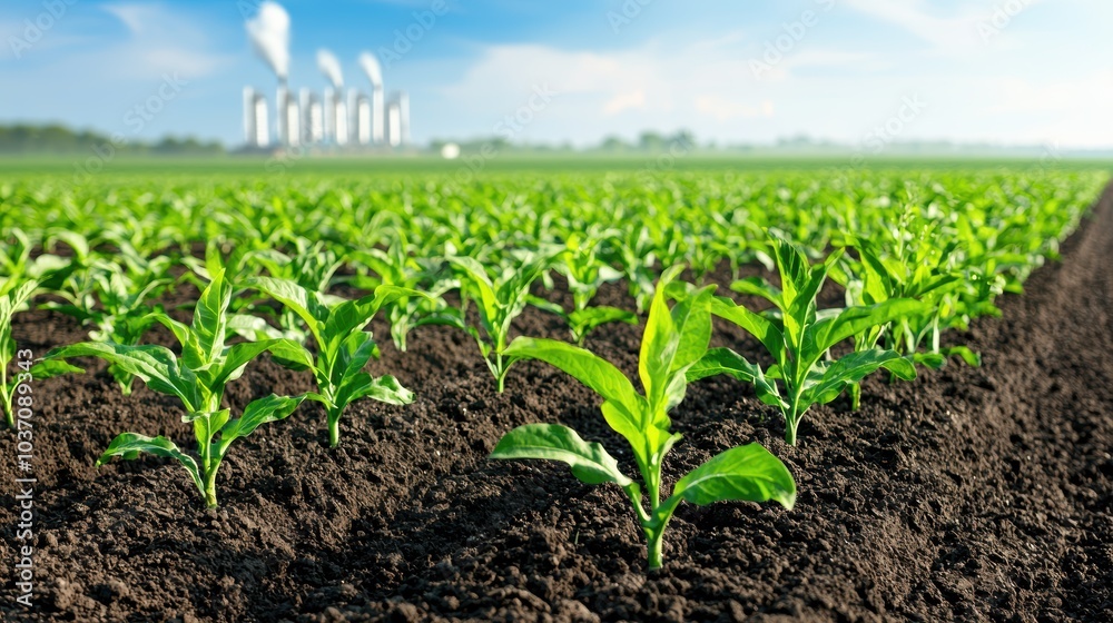 A vibrant field of young plants stretches towards a distant industrial backdrop, showcasing the contrast between agriculture and pollution. A vibrant field of young plants stretches towards a distant industrial backdrop, showcasing the contrast between agriculture and pollution.