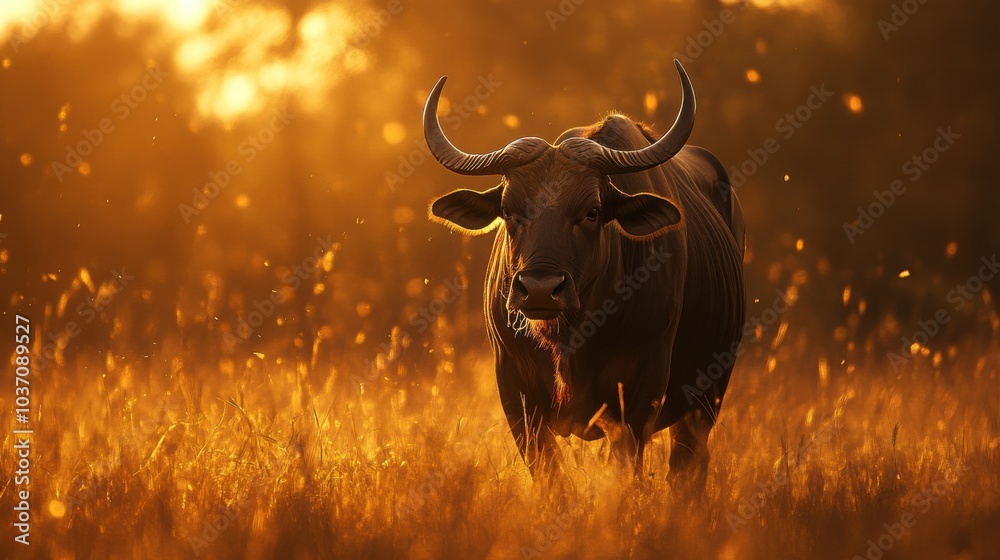 Naklejka premium Gaur grazes in meadow. Generative AI