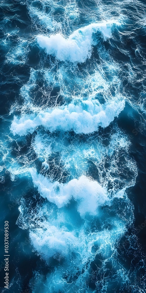 Dynamic ocean waves in vibrant shades of blue and white, creating a ...
