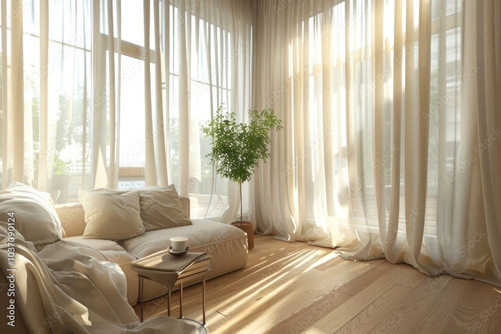 Explore the essence of tranquility in this sunlit living space adorned with sheer curtains Explore the essence of tranquility in this sunlit living space adorned with sheer curtains