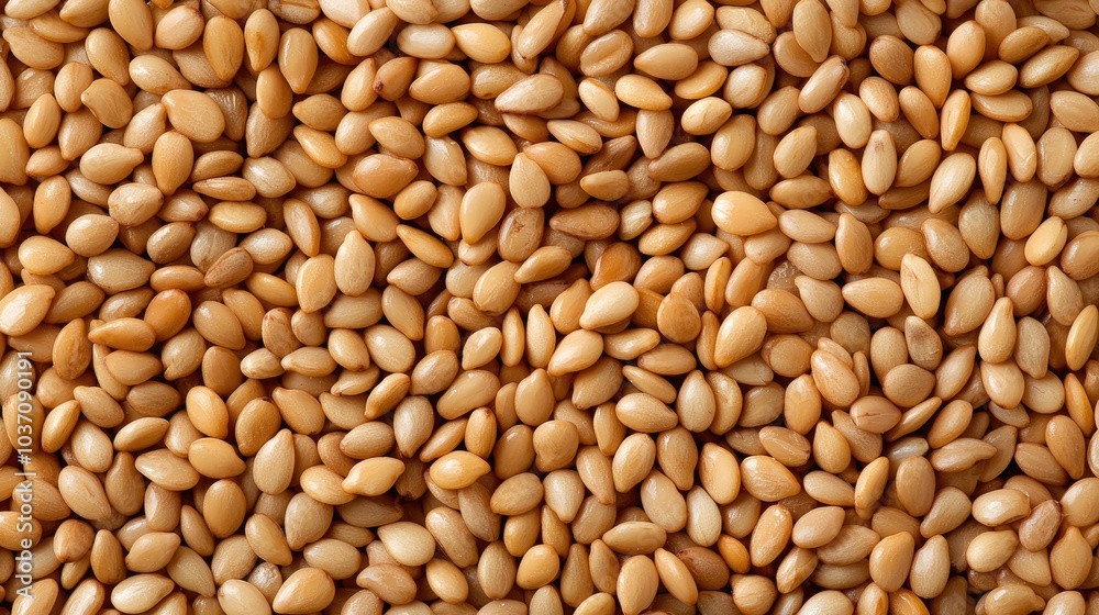 Close-up view of golden sesame seeds with a natural texture, perfect for culinary, health, and agricultural related projects. Close-up view of golden sesame seeds with a natural texture, perfect for culinary, health, and agricultural related projects.