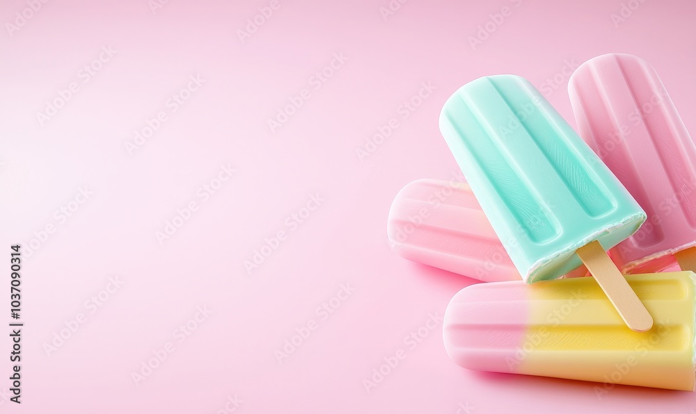 Colorful ice pops on a soft pink background, perfect for summer themes and dessert concepts. Colorful ice pops on a soft pink background, perfect for summer themes and dessert concepts.