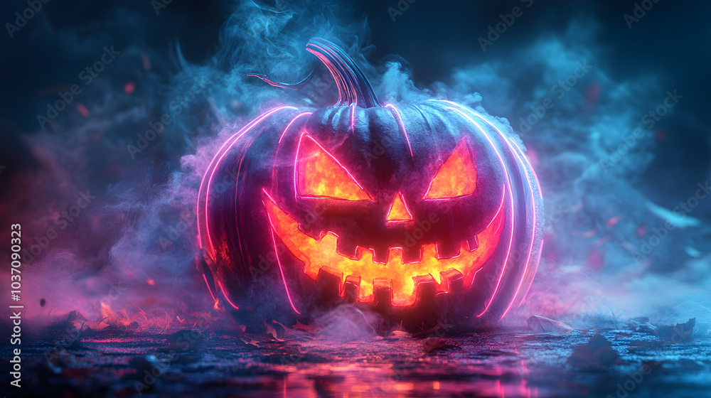 A Halloween Pumpkin Illuminated with Colorful Neon Lights Against a Dark Background, Creating a Vibrant and Eye-Catching Display that Blends Traditional Festivity with Modern Flair, Perfect for Celebr A Halloween Pumpkin Illuminated with Colorful Neon Lights Against a Dark Background, Creating a Vibrant and Eye-Catching Display that Blends Traditional Festivity with Modern Flair, Perfect for Celebr