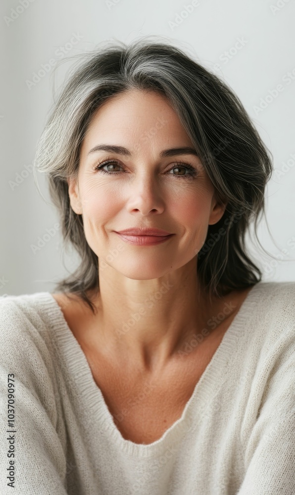 Smiling woman with gray hair wearing white sweater. Smiling woman with gray hair wearing white sweater.
