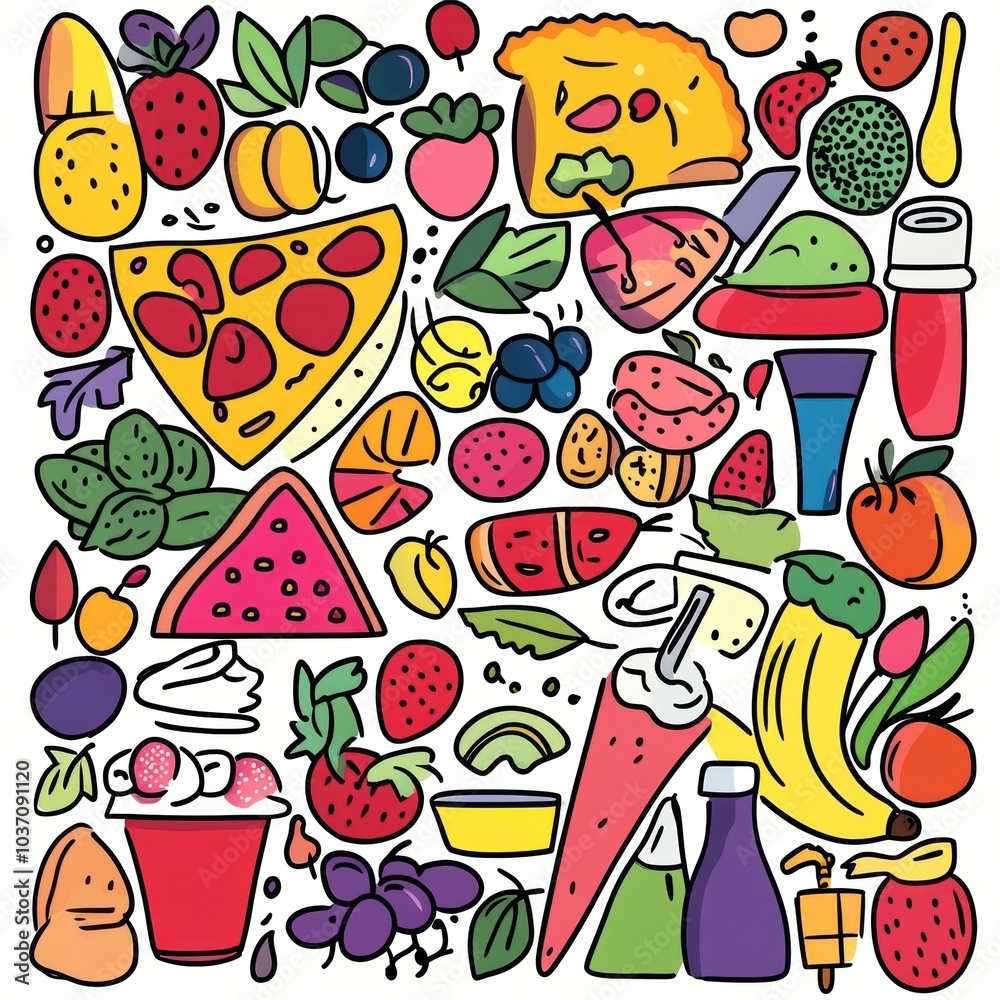 Fototapeta premium Colorful doodles showcase a variety of delicious foods, including pizza, ice cream, fruits, and refreshing beverages arranged creatively. Generative AI