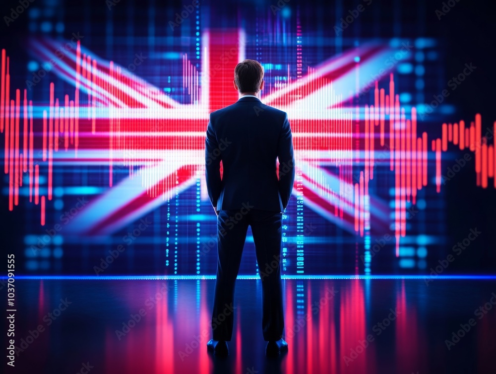 A businessman standing in front of a digital trading platform, economic growth, stock exchange with market chart, united kingdom finance and economy. investment trends global challenges. A businessman standing in front of a digital trading platform, economic growth, stock exchange with market chart, united kingdom finance and economy. investment trends global challenges.