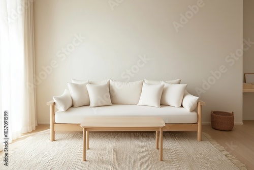 A bright, airy space with neutral colors, featuring a single white sofa and a light wooden table. The room has a soft, simple rug and no wall decorations, enhancing the clean feel.