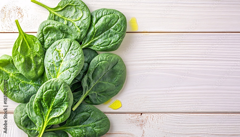 Obraz premium Fresh green spinach leaves arranged on a rustic white wooden surface, perfect for a vegetable background.