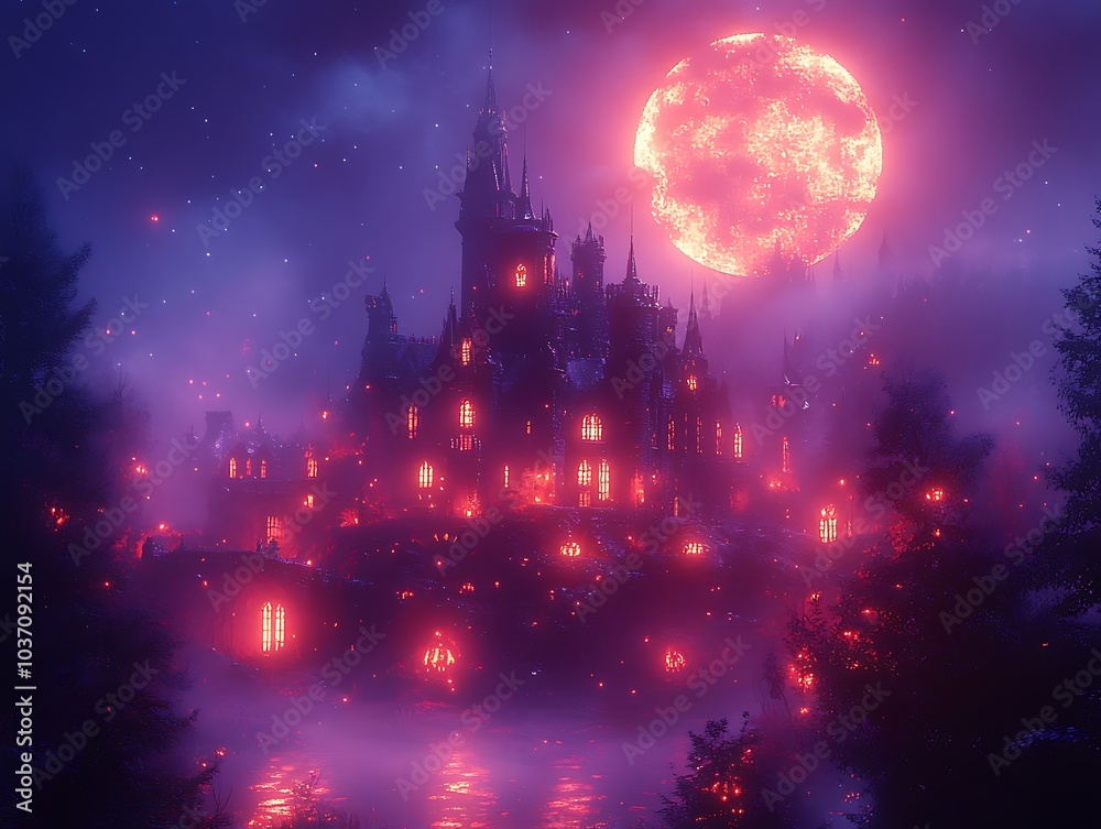 Naklejka premium a castle with red lights and a moon in the background