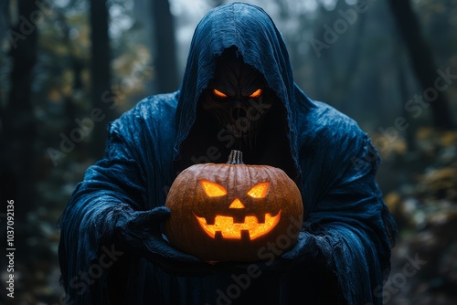 Grim reaper in blue robes holding a glowing orange jack-o'-lantern, standing in dark woods at night, creating a chilling horror scene.