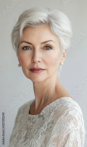 Mature woman with white hair and white lace top.