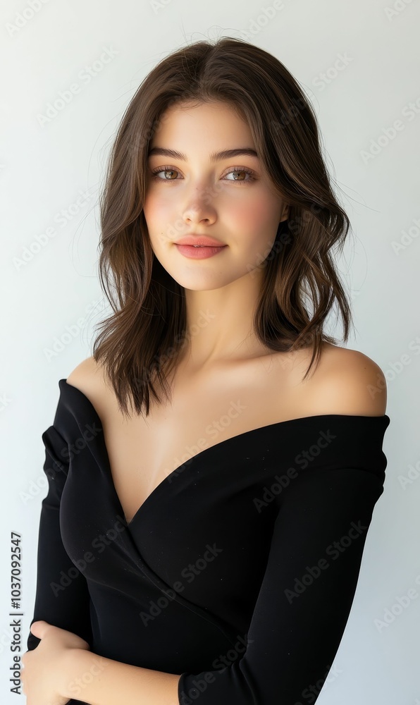 Woman with brown hair wearing a black dress. Woman with brown hair wearing a black dress.