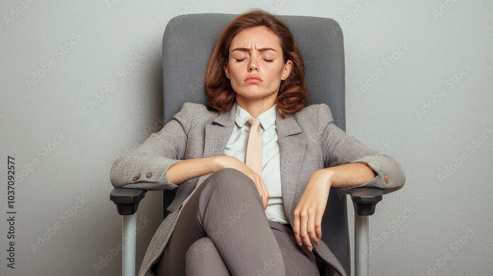 A professional woman sits calmly in a chair, eyes closed, exuding a sense of relaxation and contemplation. A professional woman sits calmly in a chair, eyes closed, exuding a sense of relaxation and contemplation.
