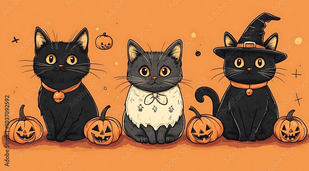 Obraz premium Three adorable cats in Halloween costumes sitting with pumpkins on an orange background. A perfect festive image for Halloween lovers and pet enthusiasts.