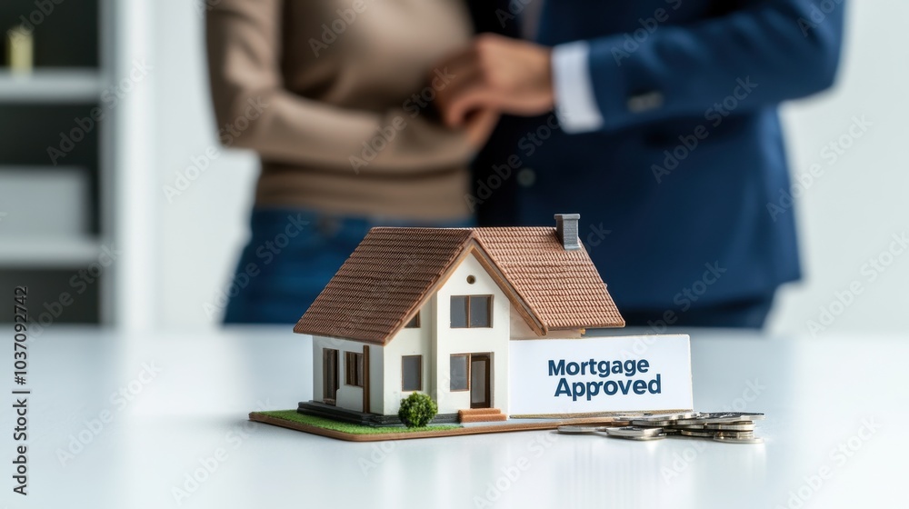 Couple Standing in Front of House Model with Approval Sign Couple Standing in Front of House Model with Approval Sign