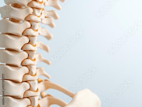 A close-up view of a spinal model showcasing vertebrae and the lower back area, emphasizing anatomical structure.