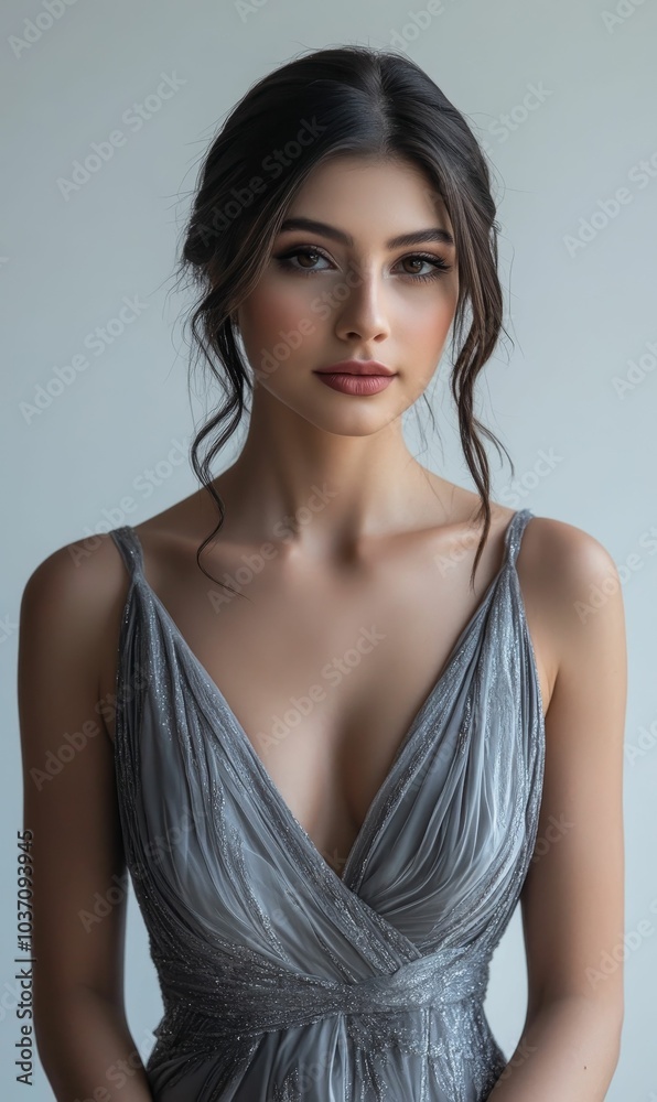 Woman in gray dress looking at camera. Woman in gray dress looking at camera.