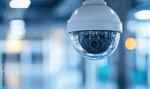 Surveillance camera in modern office setting, focused view.