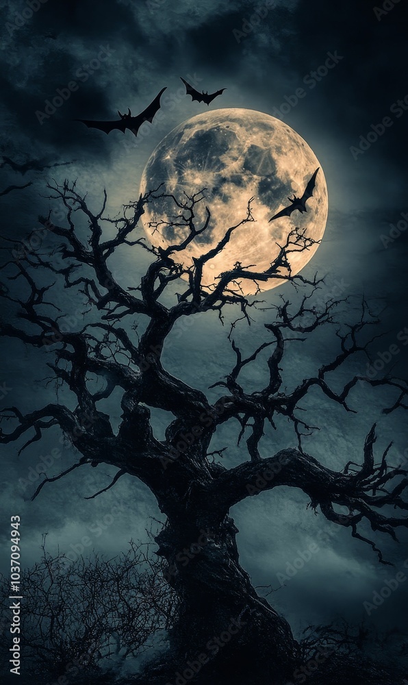 Bats flying over a dead tree and moon. Bats flying over a dead tree and moon.