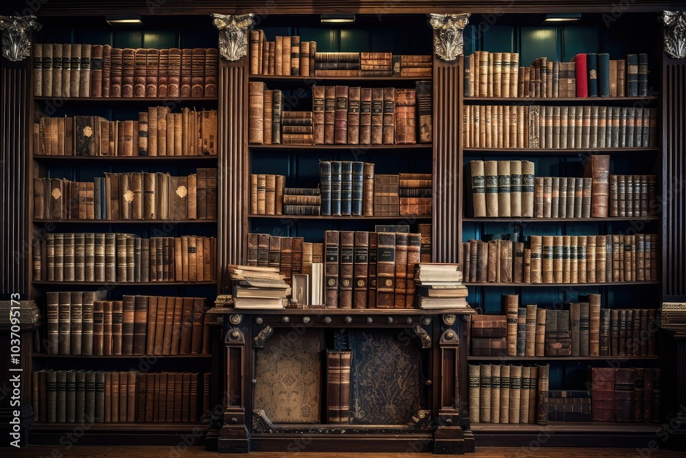 The ornate bookshelves showcase an extensive collection of antique books with rich wooden finishes and classic binding creating a timeless library atmosphere The ornate bookshelves showcase an extensive collection of antique books with rich wooden finishes and classic binding creating a timeless library atmosphere