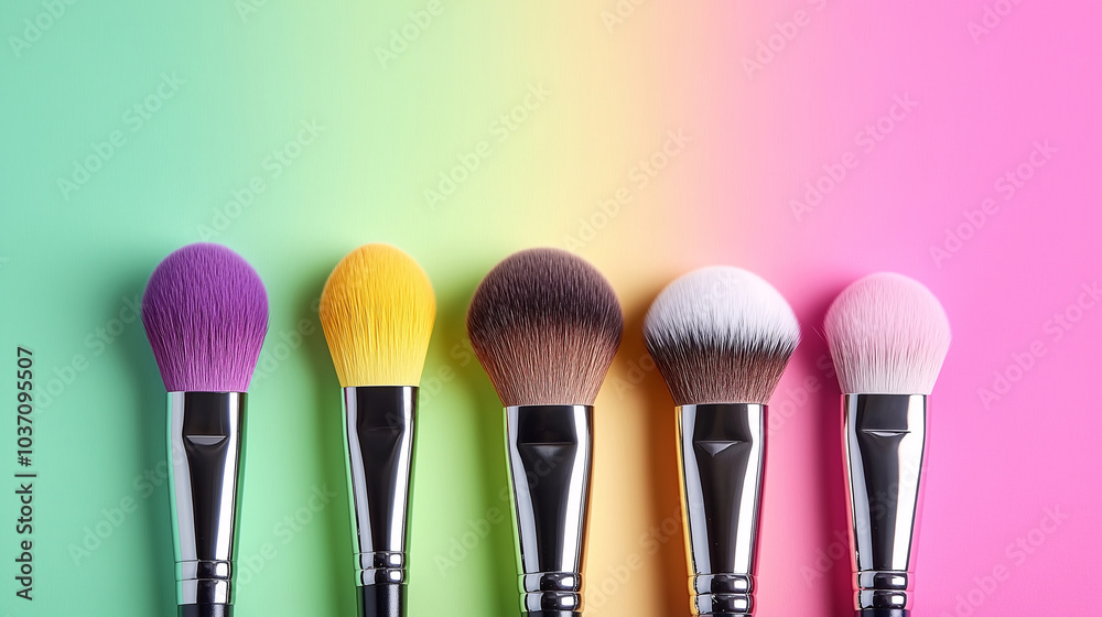 Vibrant makeup brush set with colorful bristles against a pastel gradient background, perfect for creative and playful beauty routines Vibrant makeup brush set with colorful bristles against a pastel gradient background, perfect for creative and playful beauty routines