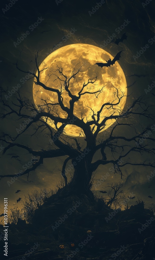 Spooky forest with full moon and bats. Spooky forest with full moon and bats.