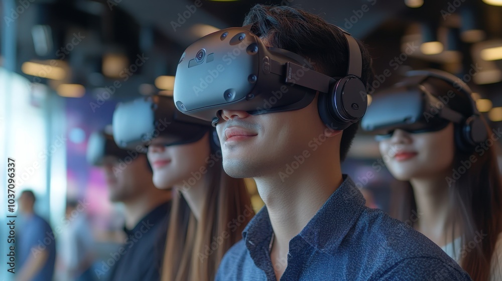 An Asian digital business team collaborating in a virtual reality environment, using VR headsets to explore innovative solutions in a futuristic office. An Asian digital business team collaborating in a virtual reality environment, using VR headsets to explore innovative solutions in a futuristic office.