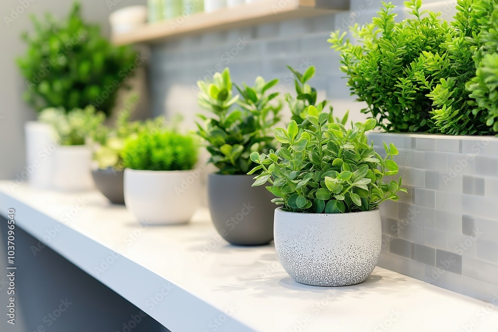 Fototapeta premium A chic bathroom adorned with small houseplants in modern pots on a stylish shelf. The greenery brings life to the space, contrasting beautifully with sleek tiles.
