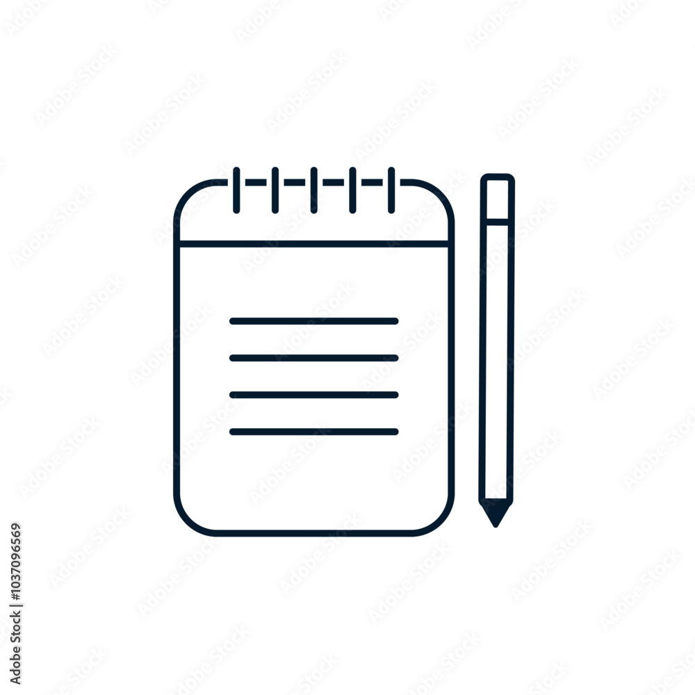 Notepad and pen. Concept of taking notes. Vector linear icon isolated on white background. Notepad and pen. Concept of taking notes. Vector linear icon isolated on white background.