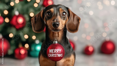 A cheerful dachshund wearing a "Merry Christmas" ornament, set against a festive backdrop of Christmas trees and colorful ornaments.