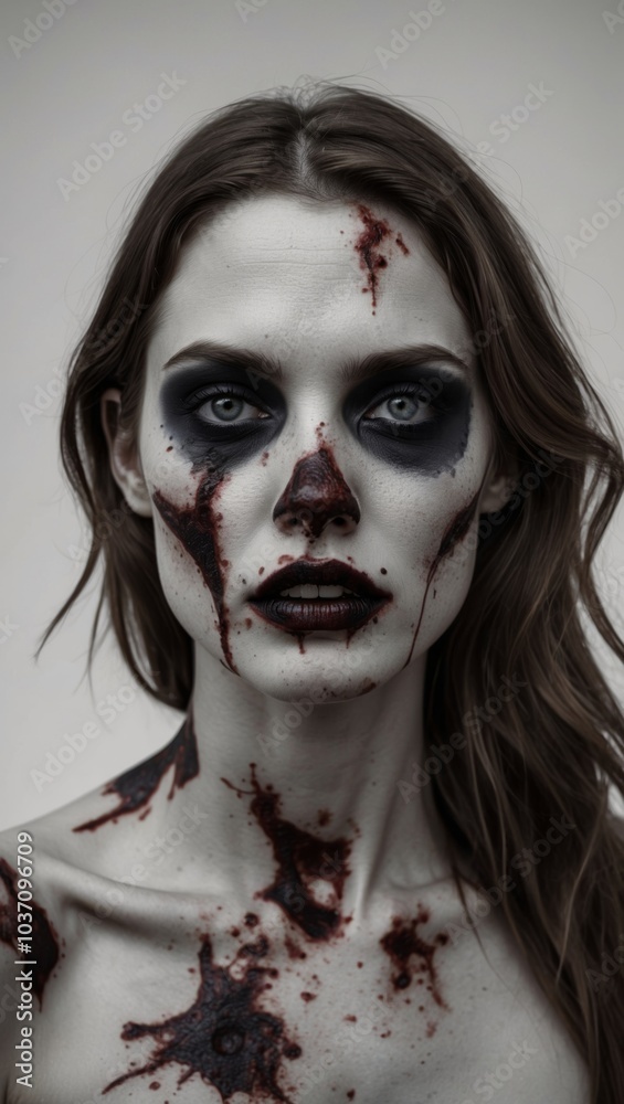 Zombie Girl Portrait on a Light Background: Makeup for a Themed Party or Halloween Zombie Girl Portrait on a Light Background: Makeup for a Themed Party or Halloween