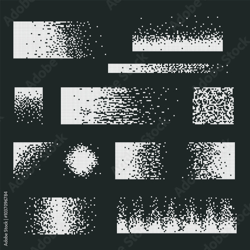 Set pixel mosaic textures with scattered square particles. Pixel disintegration background, pixelated pattern, pixel mosaic.